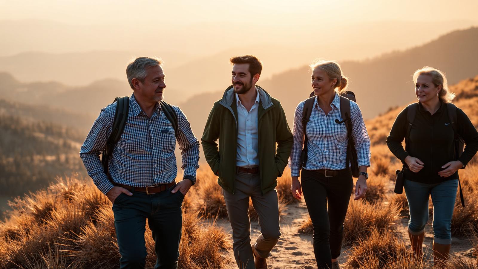 Executives hiking together on a mountain ridge at golden hour
